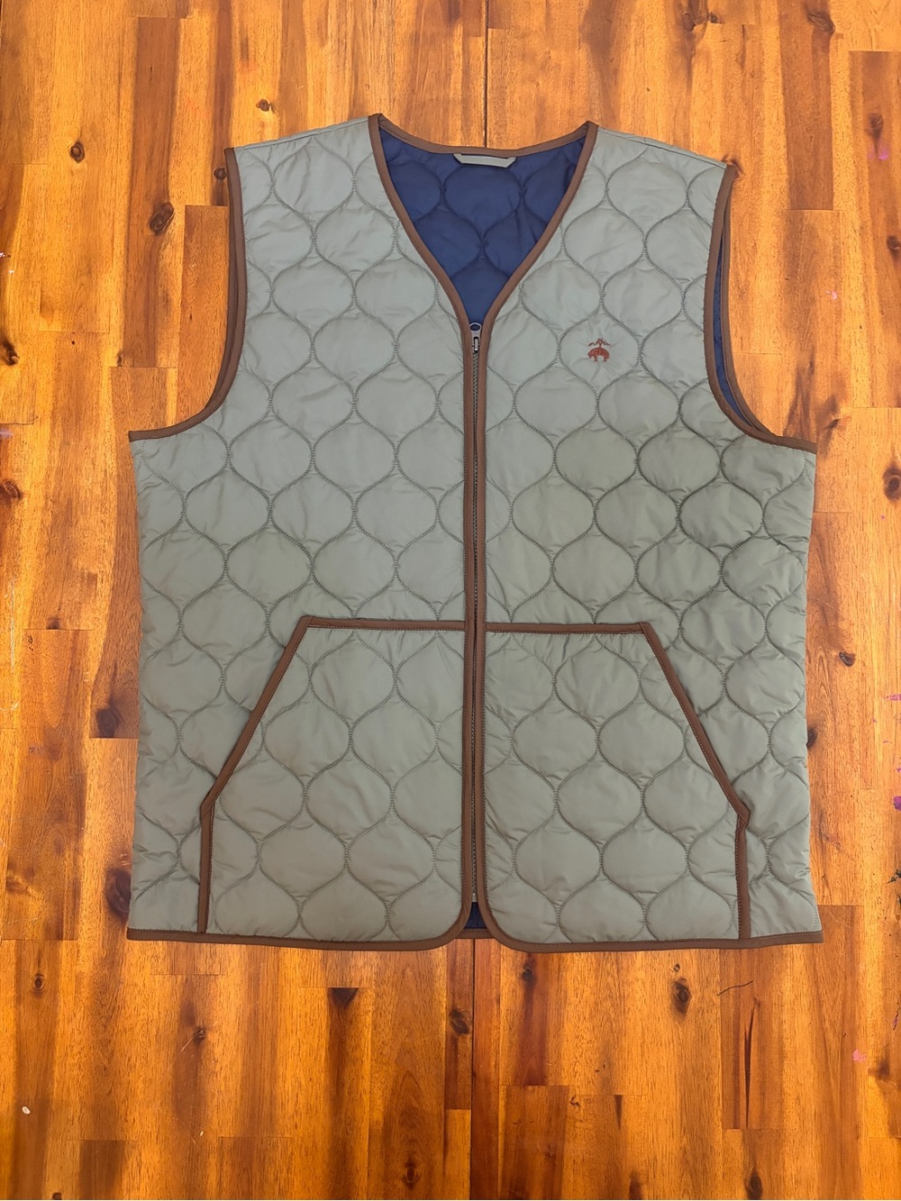 Brooks Brothers Quilted Vest in Olive and Navy with Brown Trim